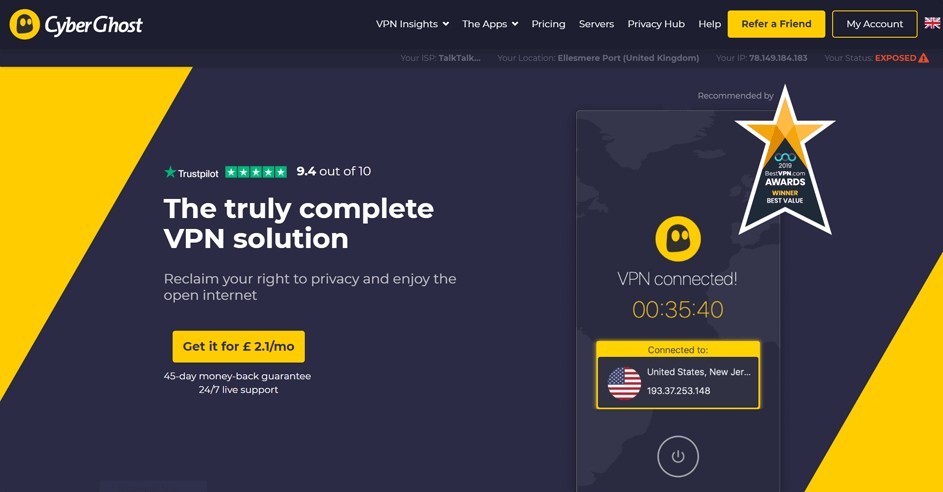 2. CyberGhost: Sınırsız Torrent Kullanan VPN